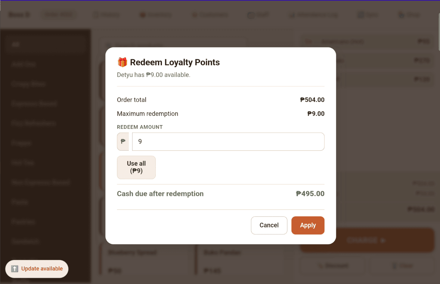 The Redeem Loyalty Points dialog — the customer's available balance, the order total, the redeem amount, and the cash due after redemption.