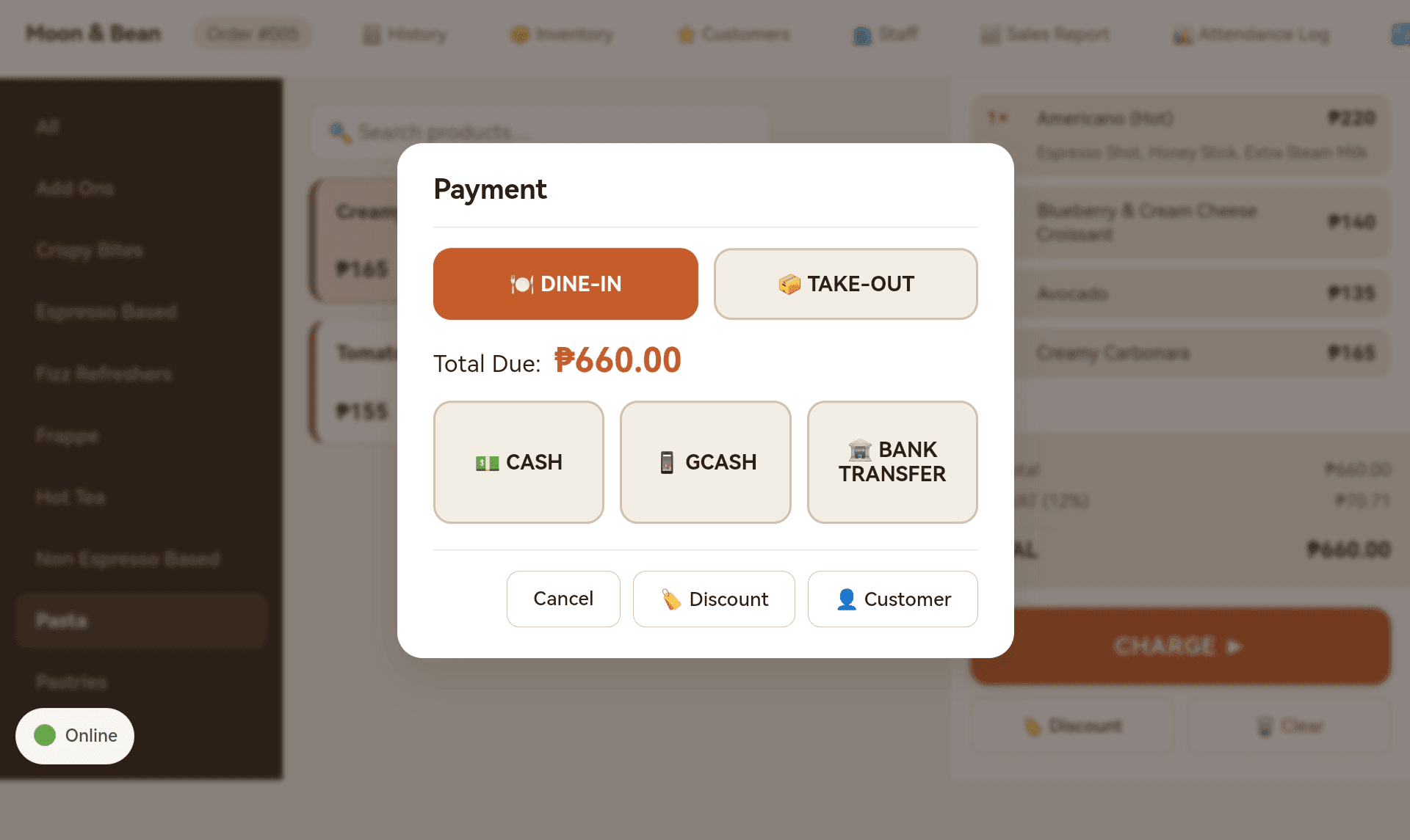 The Payment dialog on the till — Dine-In / Take-Out picker at the top, the total due in big type, and three payment-method tiles for Cash, GCash, and Bank Transfer.
