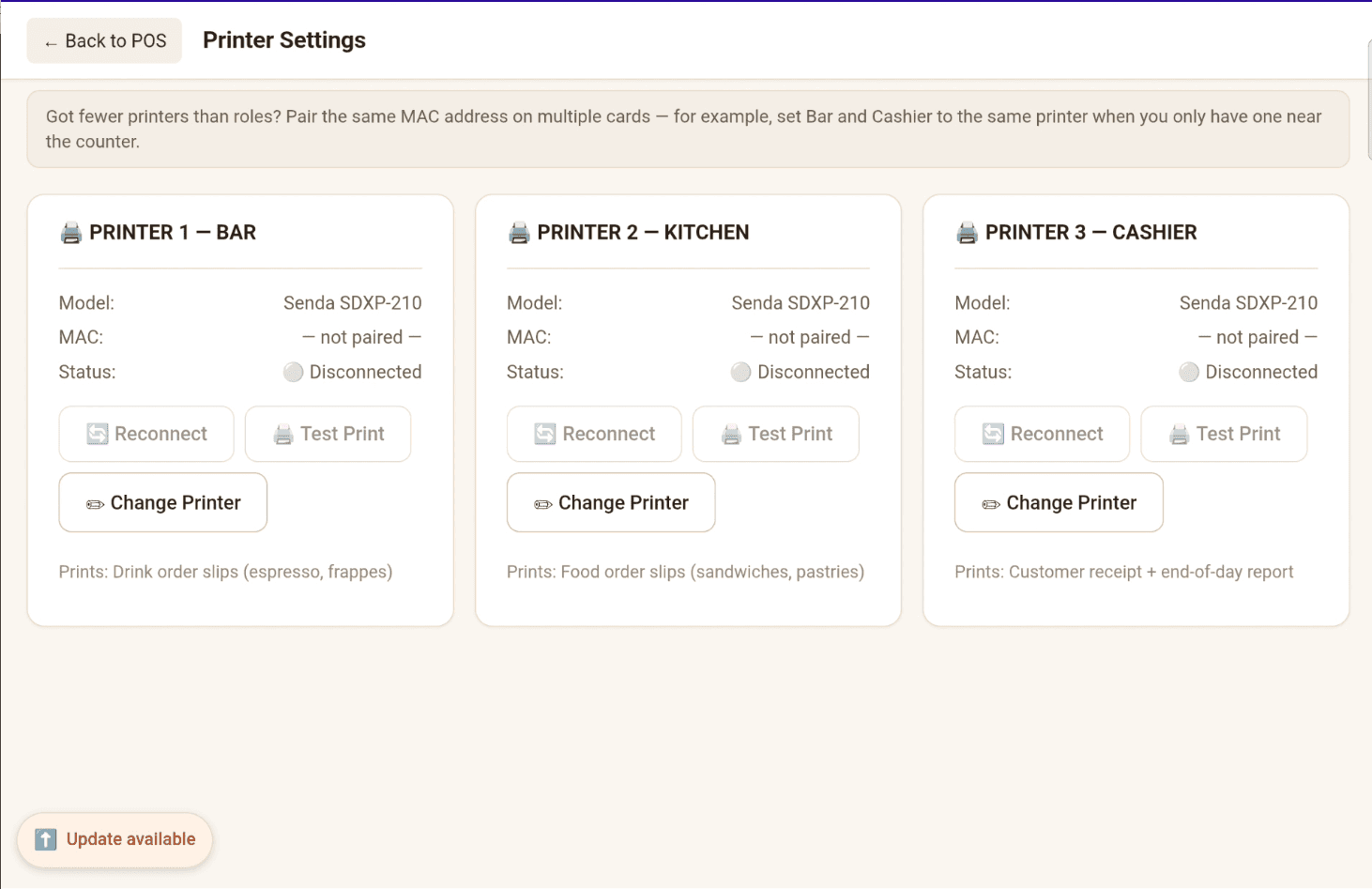 Printer Settings — three printer roles (bar, kitchen, cashier), each paired to a Senda SDXP-210 Bluetooth thermal printer, with reconnect and test-print controls.